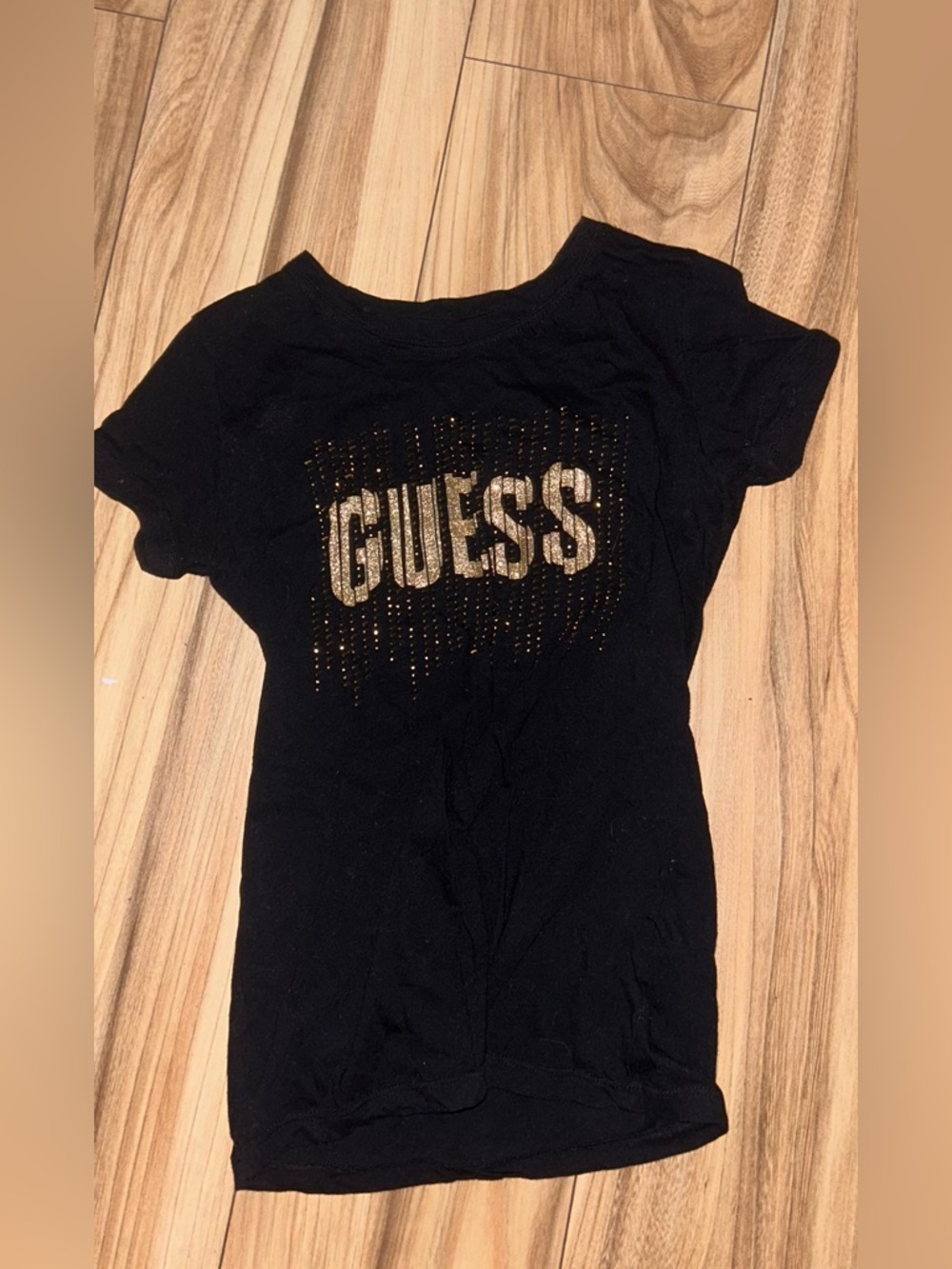 GUESS Black Tee with Gold Glitter Logo and Stud Detail